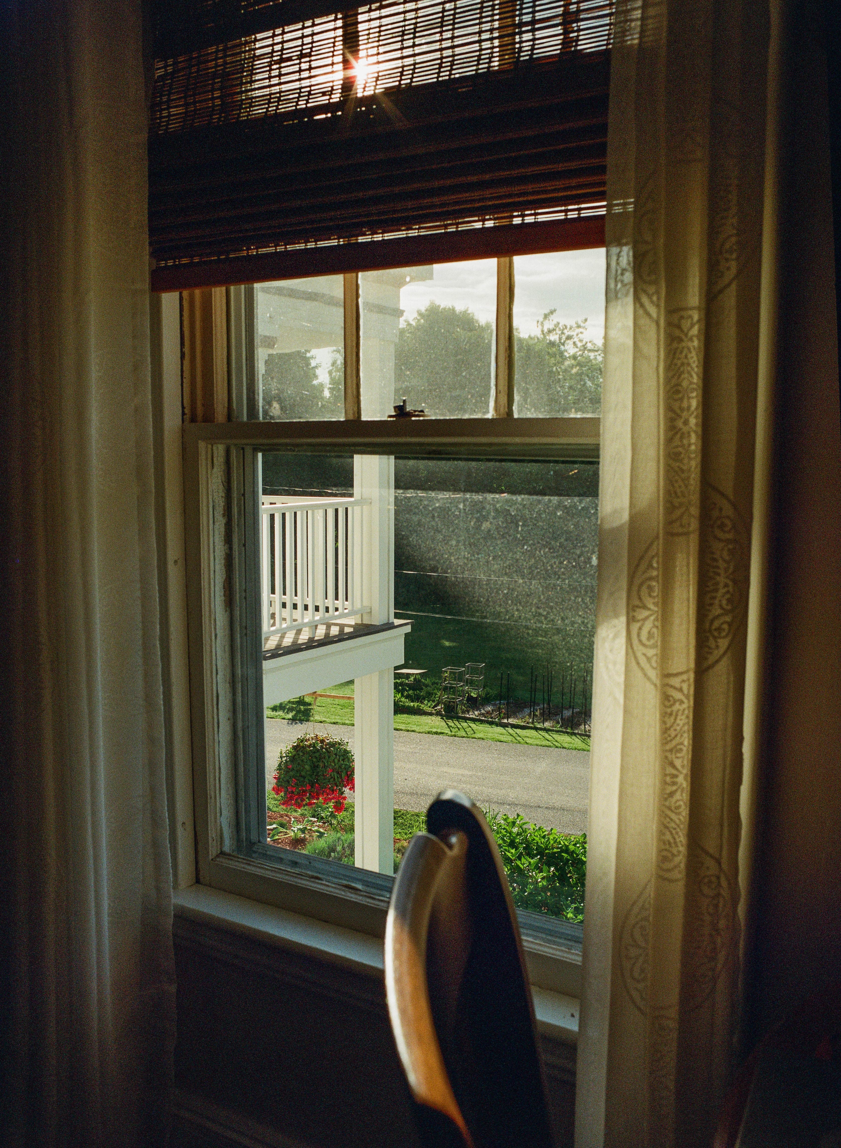 Sunlight filters through a window with sheer curtains, illuminating a glimpse of a garden and a porch outside.